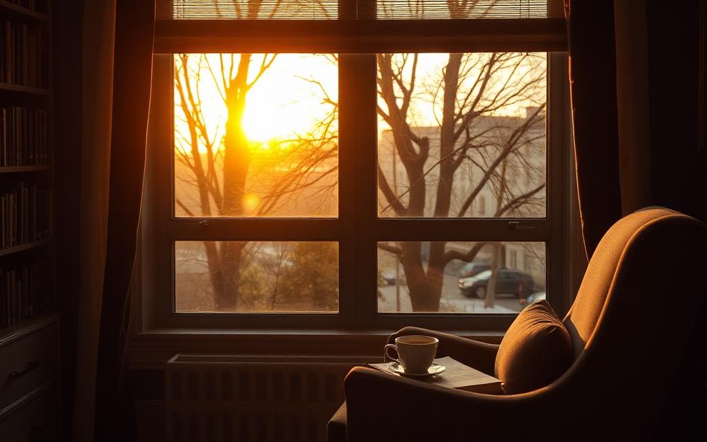 A quiet reading chair beside a sunlit office window