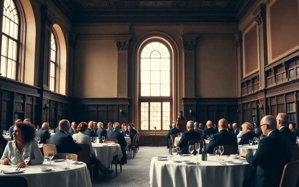 Attorneys at round tables during a continuing legal education luncheon in a stately hall