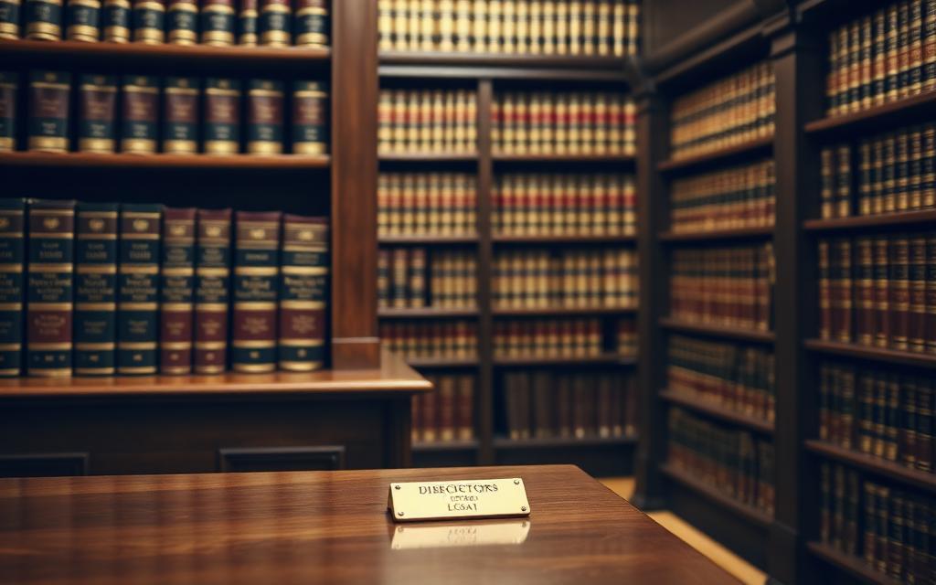Shelves of leather-bound legal directories in a law library