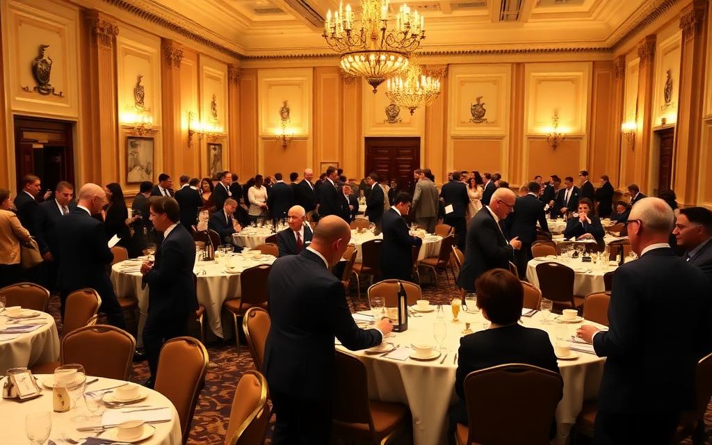 Members mingling at a bar association luncheon in a ballroom