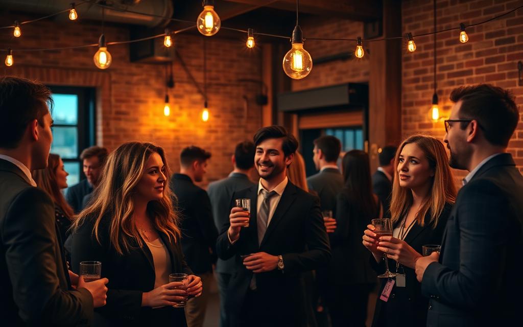 Young lawyers mingling at an evening networking social in a warm brick loft